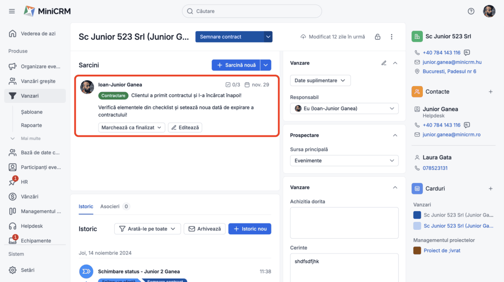 MiniCRM: fișa clientului