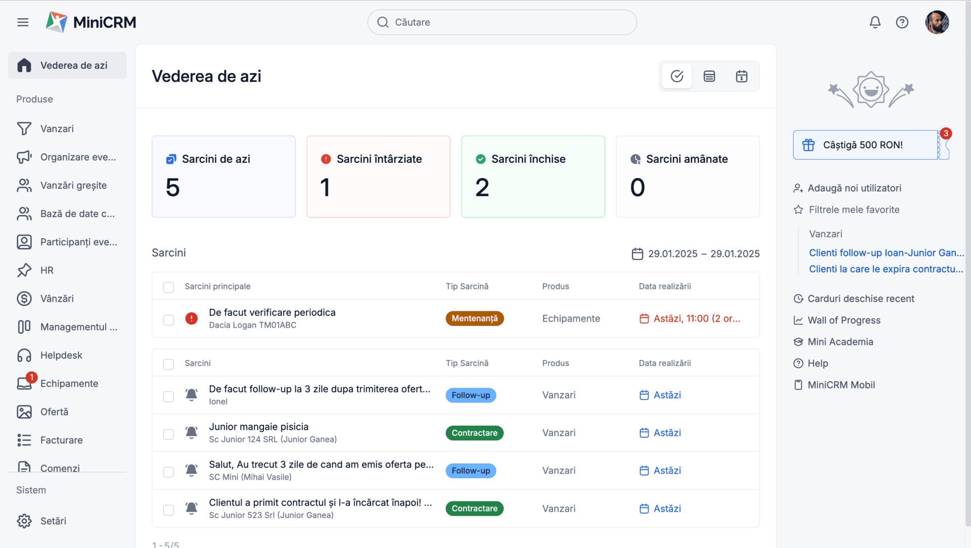 MiniCRM: Vederea de azi